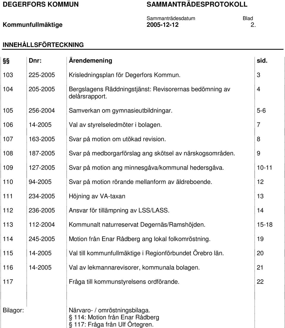 7 107 163-2005 Svar på motion om utökad revision. 8 108 187-2005 Svar på medborgarförslag ang skötsel av närskogsområden. 9 109 127-2005 Svar på motion ang minnesgåva/kommunal hedersgåva.