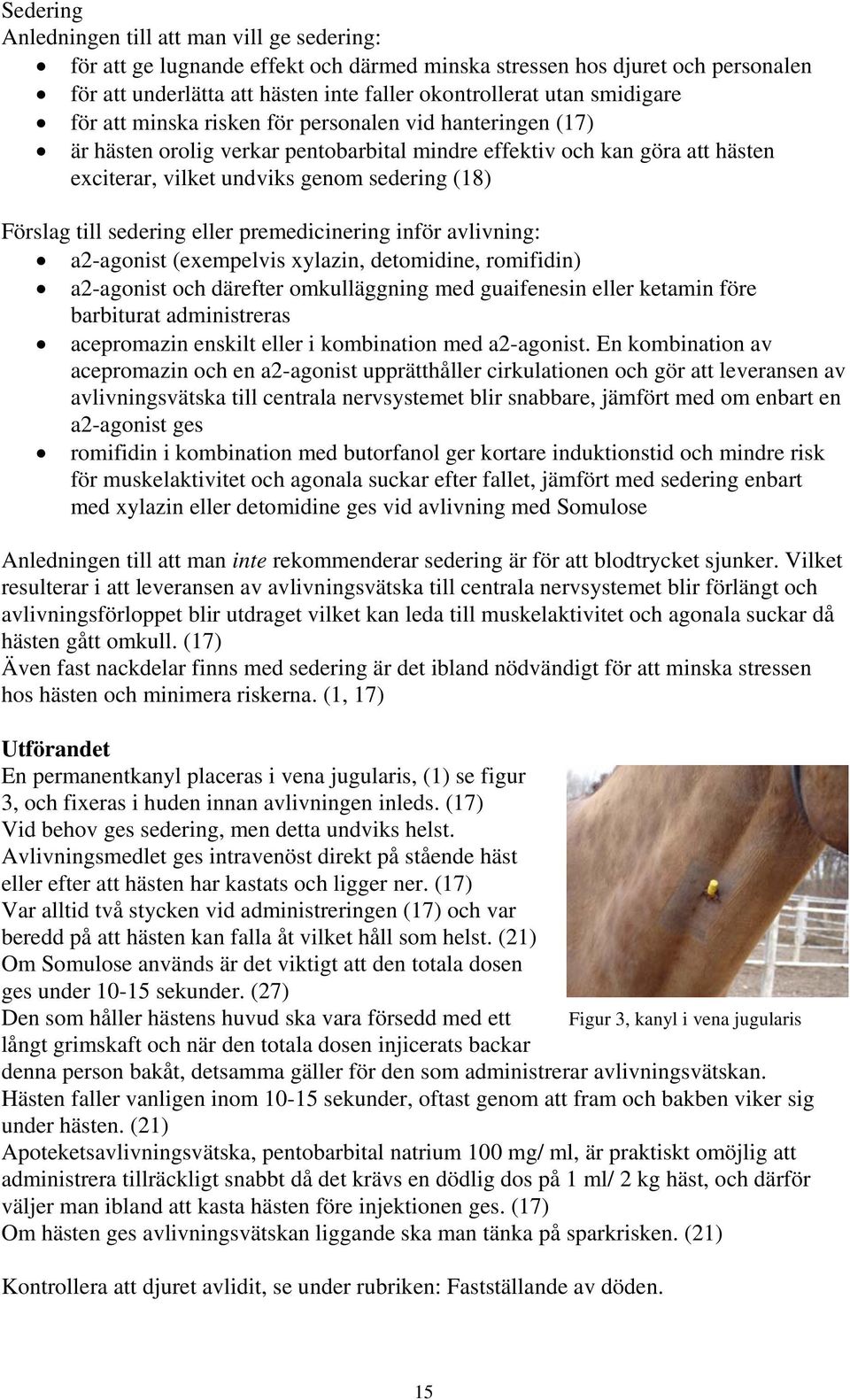 till sedering eller premedicinering inför avlivning: a2-agonist (exempelvis xylazin, detomidine, romifidin) a2-agonist och därefter omkulläggning med guaifenesin eller ketamin före barbiturat