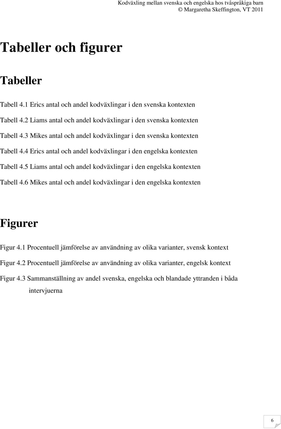 5 Liams antal och andel kodväxlingar i den engelska kontexten Tabell 4.6 Mikes antal och andel kodväxlingar i den engelska kontexten Figurer Figur 4.