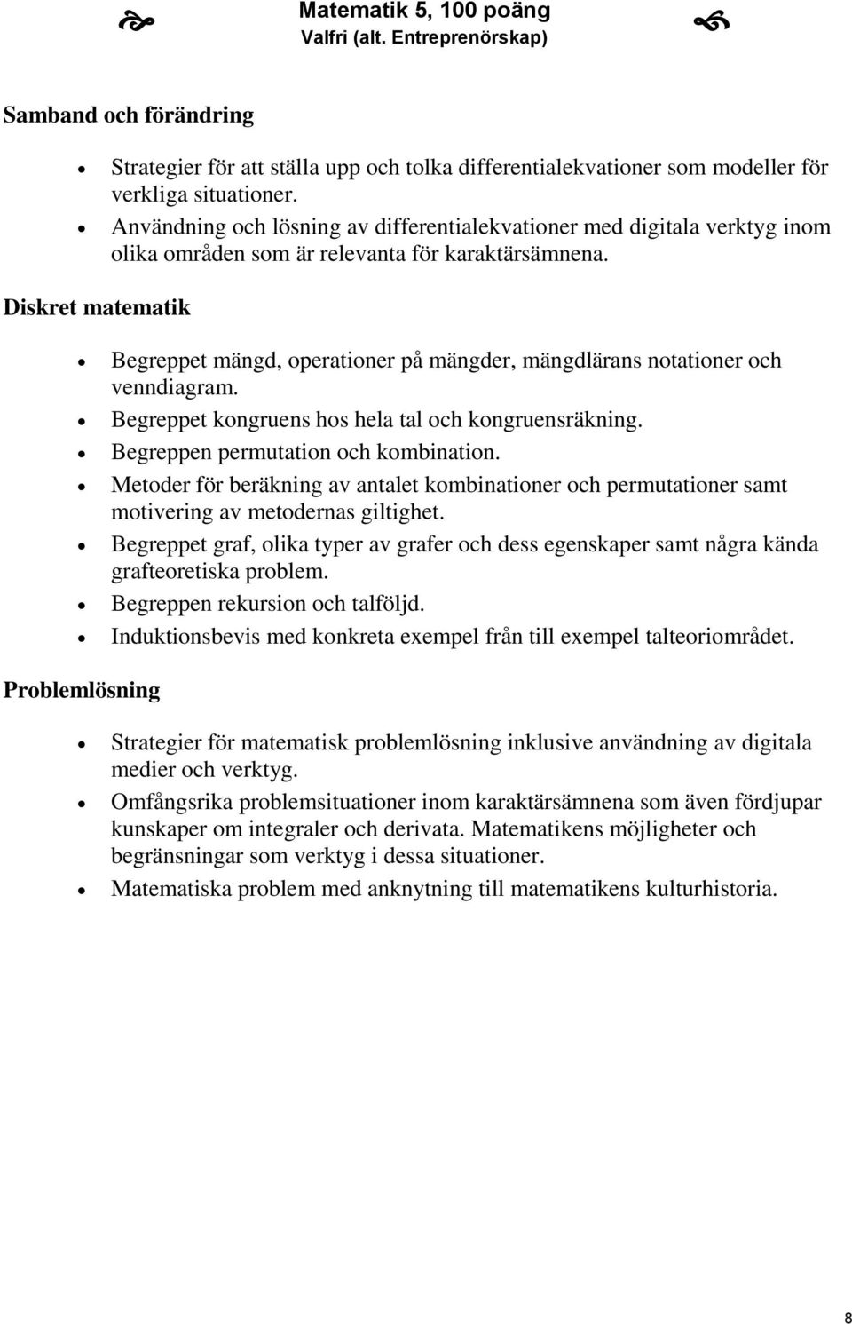 Diskret matematik Begreppet mängd, operationer på mängder, mängdlärans notationer och venndiagram. Begreppet kongruens hos hela tal och kongruensräkning. Begreppen permutation och kombination.