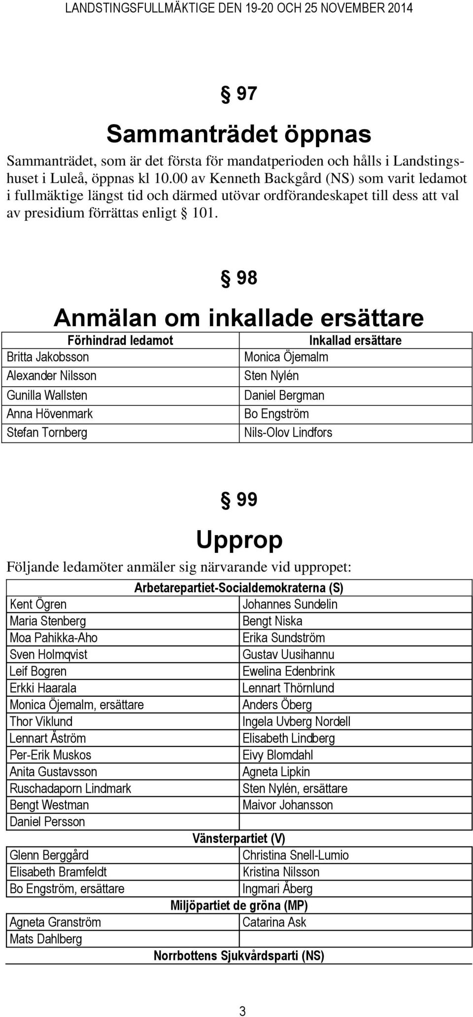 98 Anmälan om inkallade ersättare Förhindrad ledamot Britta Jakobsson Aleander Nilsson Gunilla Wallsten Anna Hövenmark Stefan Tornberg Inkallad ersättare Monica Öjemalm Sten Nylén Daniel Bergman Bo