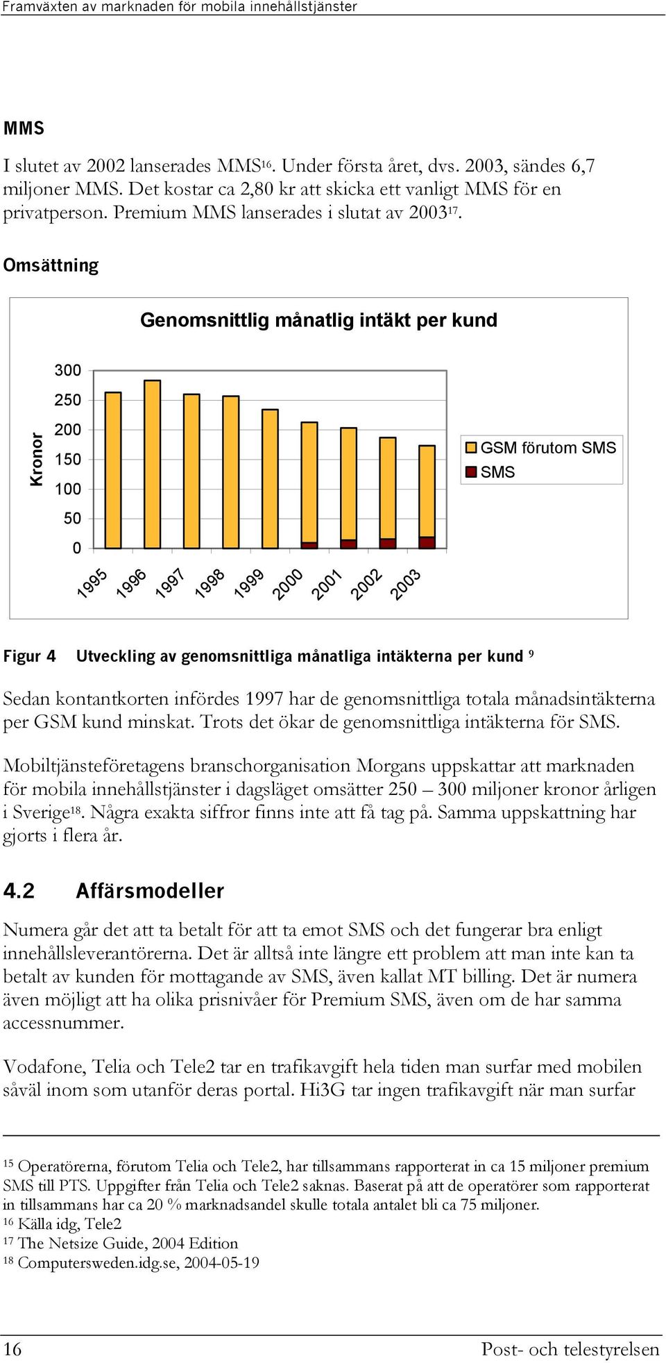 Omsättning Genomsnittlig månatlig intäkt per kund 300 250 Kronor 200 150 100 50 0 GSM förutom SMS SMS 1995 1996 1997 1998 1999 2000 2001 2002 2003 Figur 4 Utveckling av genomsnittliga månatliga