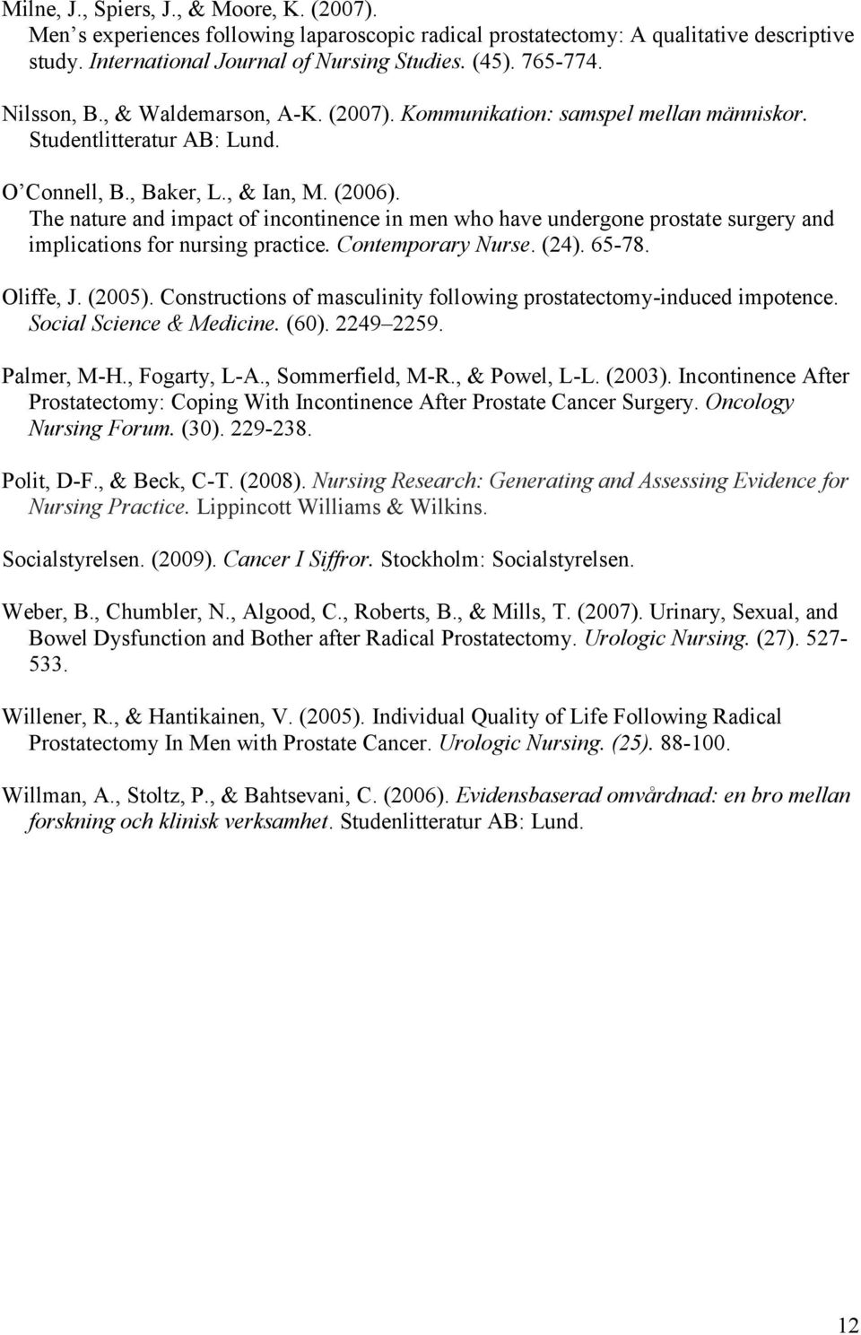 The nature and impact of incontinence in men who have undergone prostate surgery and implications for nursing practice. Contemporary Nurse. (24). 65-78. Oliffe, J. (2005).