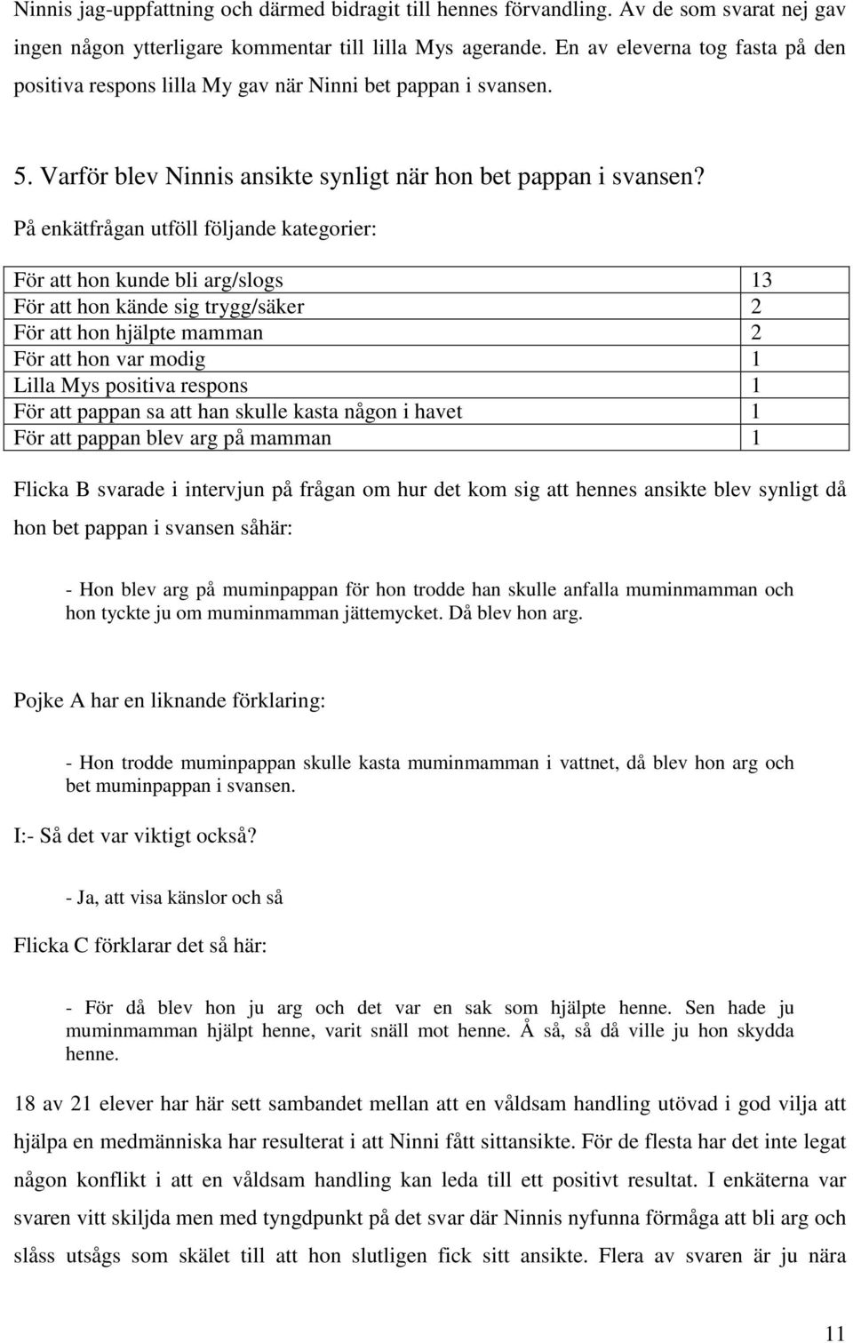 På enkätfrågan utföll följande kategorier: För att hon kunde bli arg/slogs 13 För att hon kände sig trygg/säker 2 För att hon hjälpte mamman 2 För att hon var modig 1 Lilla Mys positiva respons 1 För