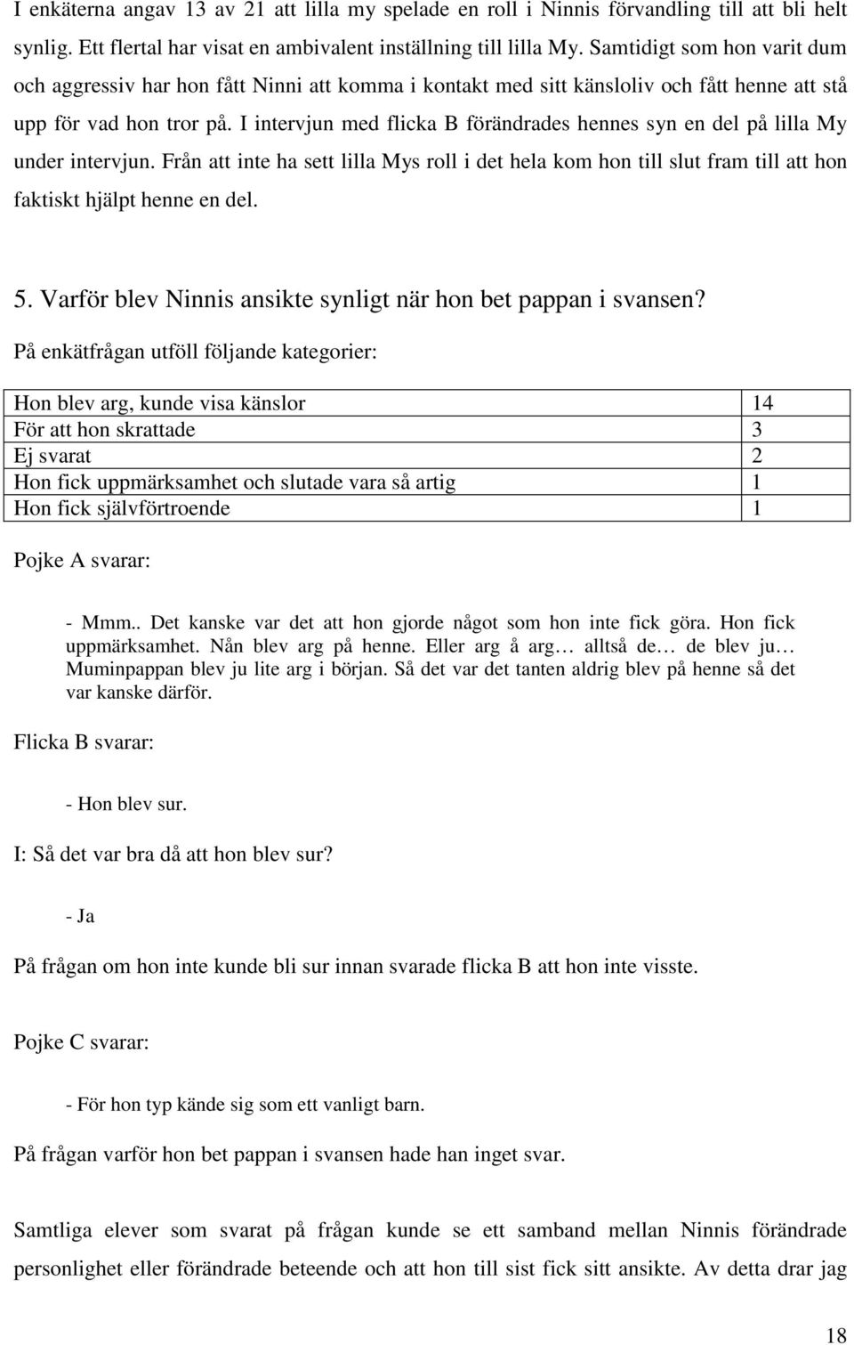 I intervjun med flicka B förändrades hennes syn en del på lilla My under intervjun. Från att inte ha sett lilla Mys roll i det hela kom hon till slut fram till att hon faktiskt hjälpt henne en del. 5.