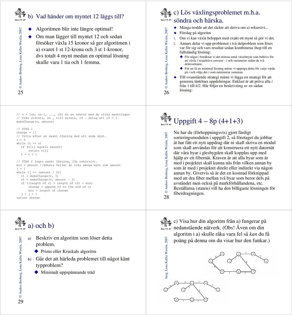 26 c) Lös växlingsproblemet m.h.a. söndra och härska. Många trodde att det räckte att skriva om a) rekursivt... Förslag på algoritm 1. Om vi kan växla beloppet med exakt ett mynt så gör vi det. 2.