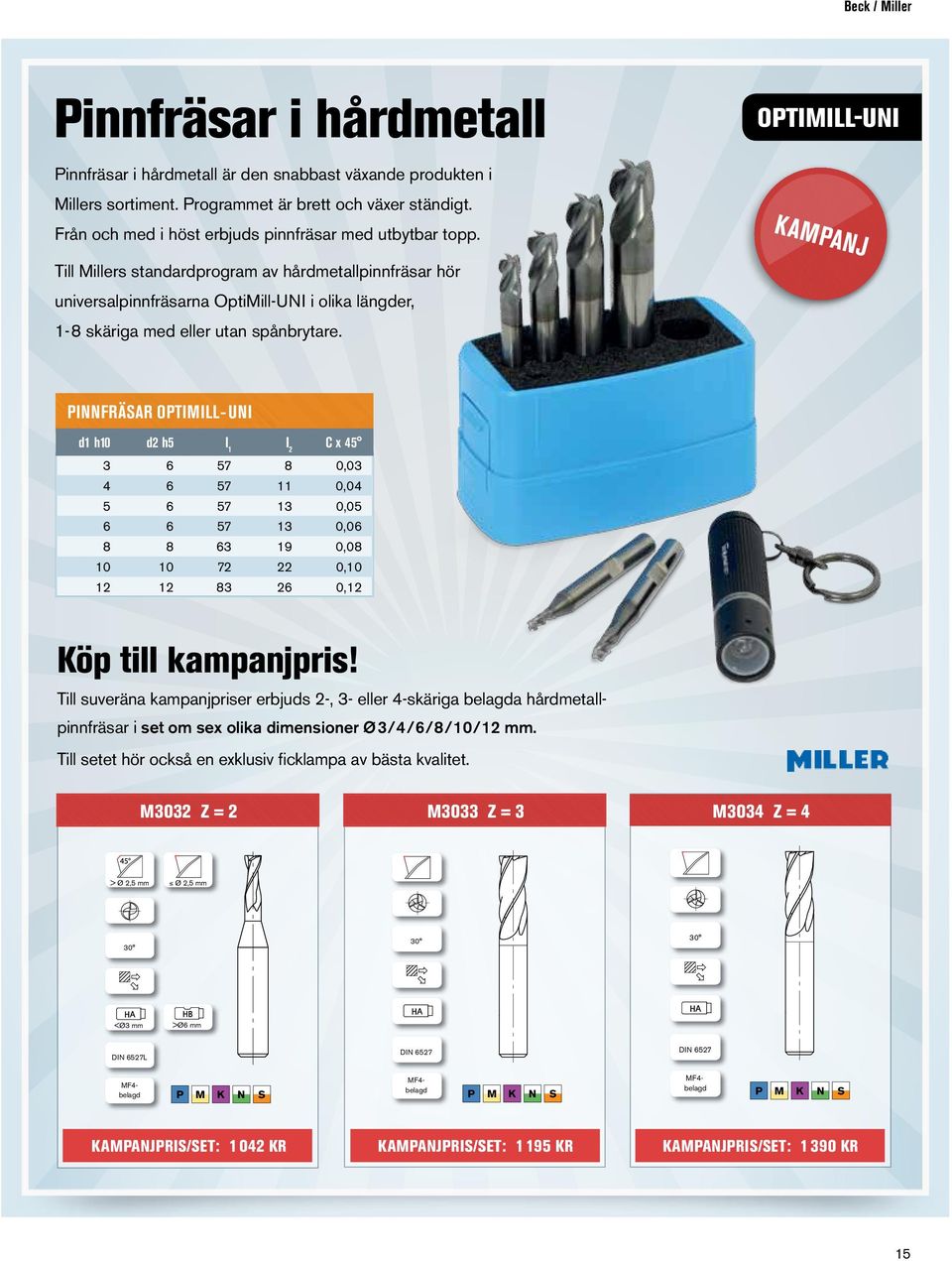 Till Millers standardprogram av hårdmetallpinnfräsar hör universalpinnfräsarna OptiMill-UNI i olika längder, 1-8 skäriga med eller utan spånbrytare.