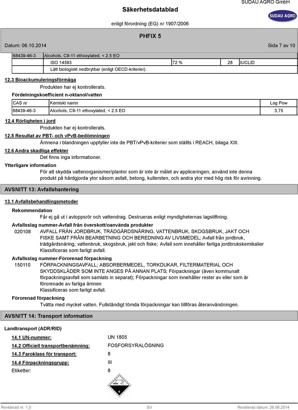 4 Rörligheten i jord Produkten har ej kontrollerats. 12.5 Resultat av PBT- och vpvb-bedömningen Ämnena i blandningen uppfyller inte de PBT/vPvB-kriterier som ställts i REACH, bilaga XIII. 12.6 Andra skadliga effekter Det finns inga informationer.