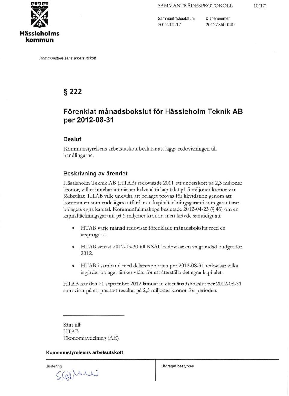 HTAB ville undvika att bolaget prövas för likvidation genom att en som ende ägare utfardar en kapitaltäckningsgaranti som garanterar bolagets egna kapital Kommunfullmäktige beslutade 2012-04-23 ( 4S)