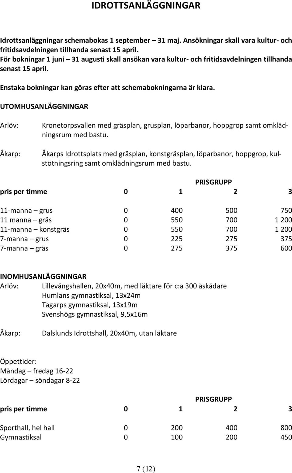 UTOMHUSANLÄGGNINGAR Arlöv: Åkarp: Kronetorpsvallen med gräsplan, grusplan, löparbanor, hoppgrop samt omklädningsrum med bastu.