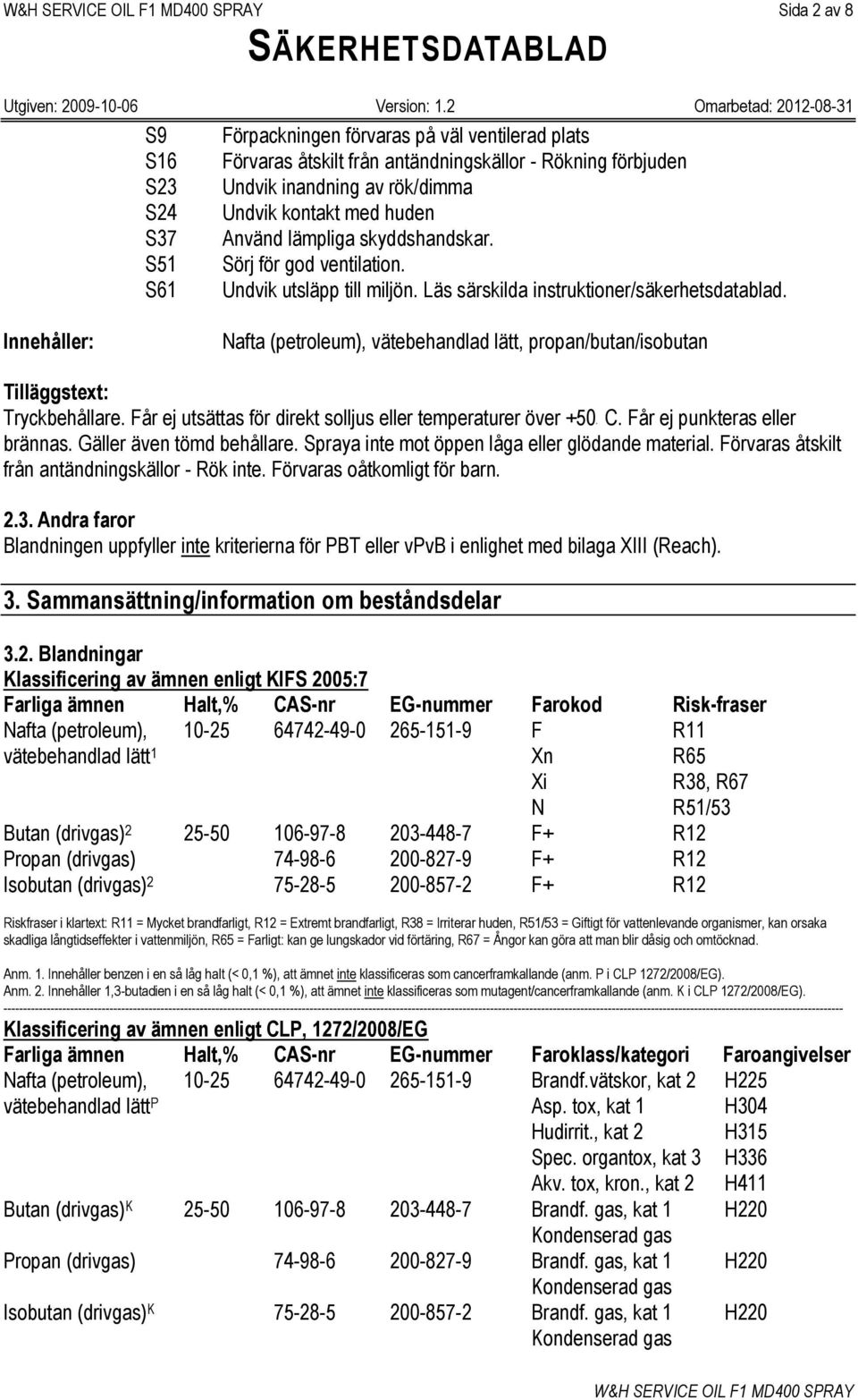 Innehåller: Nafta (petroleum), vätebehandlad lätt, propan/butan/isobutan Tilläggstext: Tryckbehållare. Får ej utsättas för direkt solljus eller temperaturer över +50 C. Får ej punkteras eller brännas.