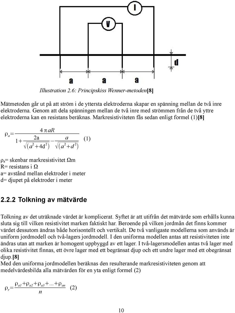 Markresistiviteten fås sedan enligt formel (1)[8] 4 π ar ρ a = 2a 1+ (a 2 +4d 2 ) a (a 2 +d 2 ) (1) ρ a = skenbar markresistivitet Ωm R= resistans i Ω a= avstånd mellan elektroder i meter d= djupet