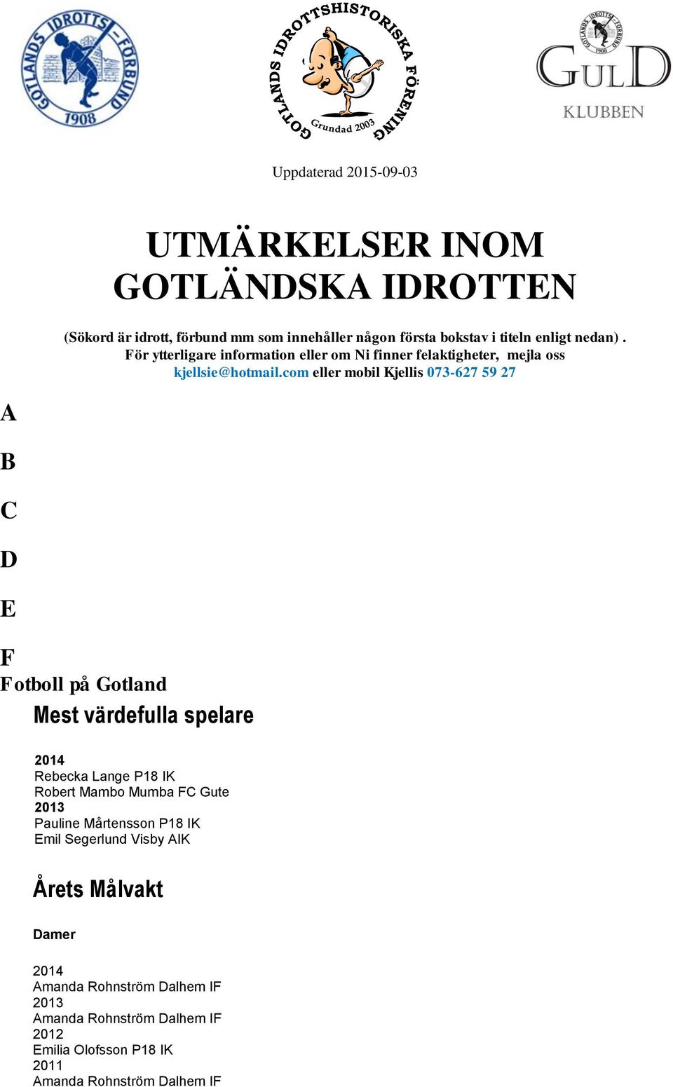 com eller mobil Kjellis 073-627 59 27 A B C D E F Fotboll på Gotland Mest värdefulla spelare 2014 Rebecka Lange P18 IK Robert Mambo Mumba FC Gute