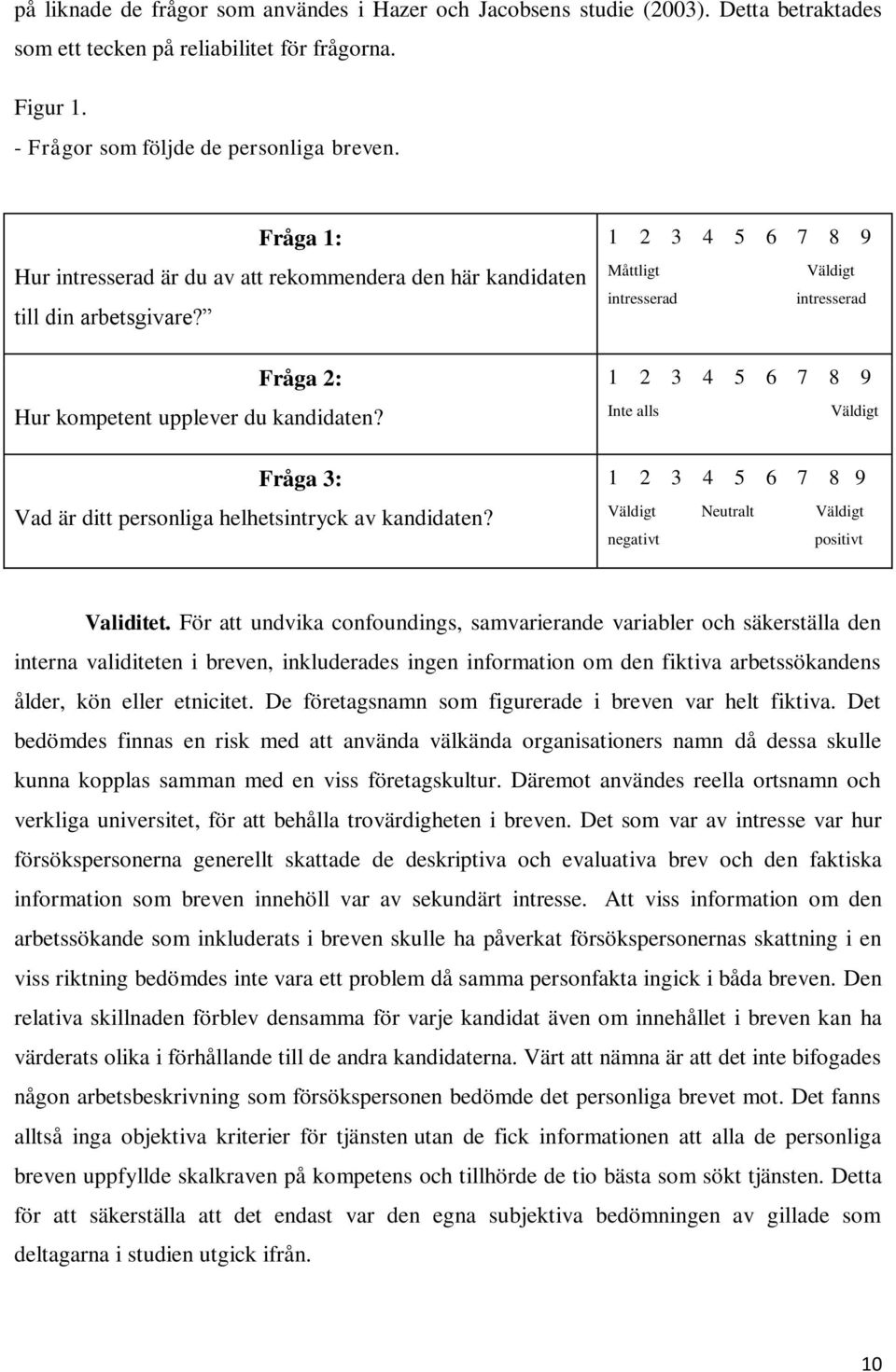 Fråga 3: Vad är ditt personliga helhetsintryck av kandidaten? Måttligt Väldigt intresserad intresserad Inte alls Väldigt Väldigt Neutralt Väldigt negativt positivt Validitet.