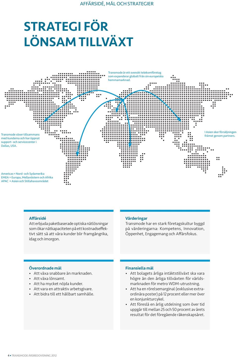 Americas = Nord- och Sydamerika EMEA = Europa, Mellanöstern och Afrika APAC = Asien och Stillahavsområdet Affärsidé Att erbjuda paketbaserade optiska nätlösningar som ökar nätkapaciteten på ett