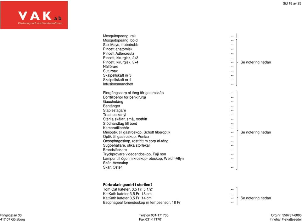 Staplestagare -- Trachealkanyl -- Sterila skålar, små, rostfritt -- Stödhandtag till bord -- Kameratillbehör -- Minioptik till gastroskop, Schott fiberoptik -- Se notering nedan Optik till