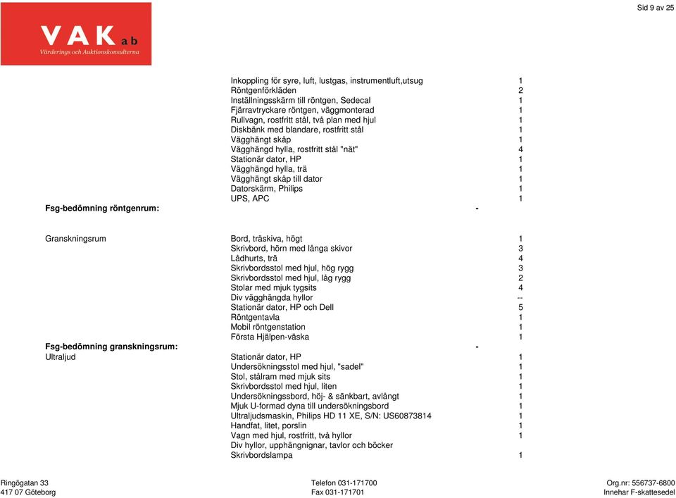 Datorskärm, Philips 1 UPS, APC 1 Fsg-bedömning röntgenrum: - Granskningsrum Bord, träskiva, högt 1 Skrivbord, hörn med långa skivor 3 Lådhurts, trä 4 Skrivbordsstol med hjul, hög rygg 3