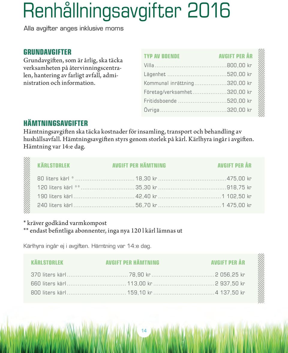 ..320,00 kr HÄMTNINGSAVGIFTER Hämtningsavgiften ska täcka kostnader för insamling, transport och behandling av hushållsavfall. Hämtningsavgiften styrs genom storlek på kärl. Kärlhyra ingår i avgiften.