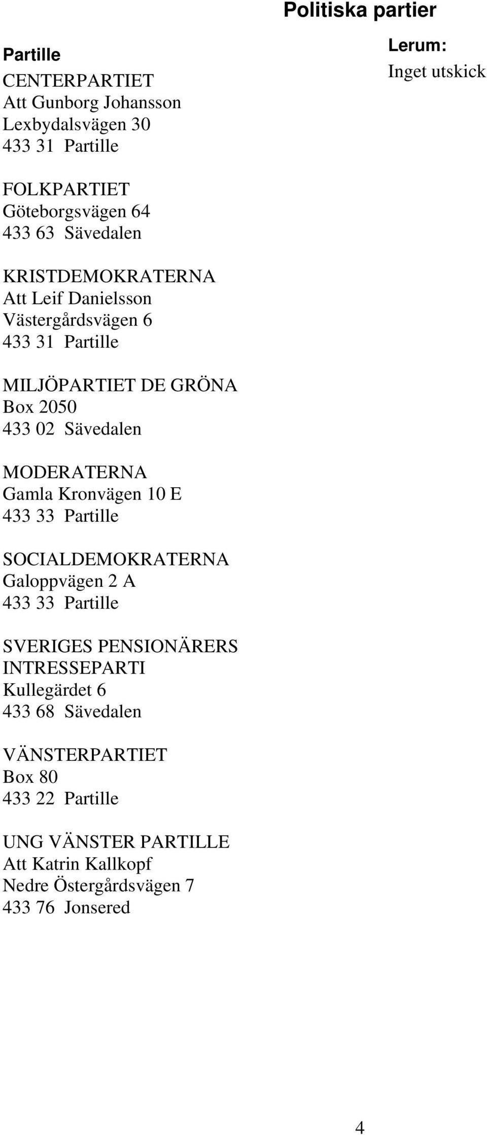 MODERATERNA Gamla Kronvägen 10 E 433 33 SOCIALDEMOKRATERNA Galoppvägen 2 A 433 33 SVERIGES PENSIONÄRERS INTRESSEPARTI