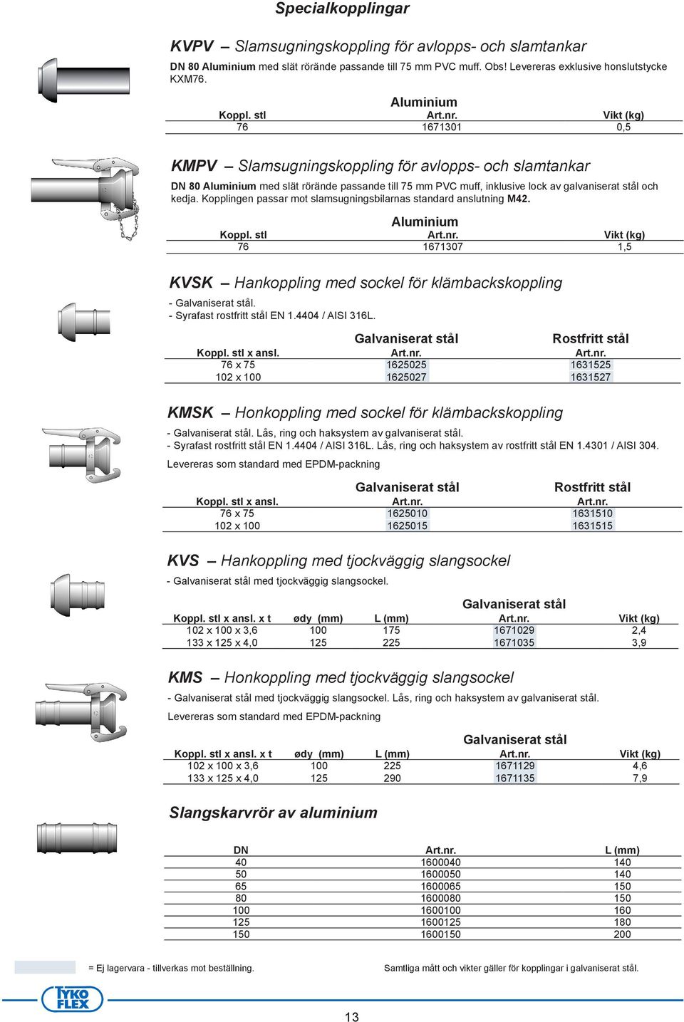 Kopplingen passar mot slamsugningsbilarnas standard anslutning M42. Aluminium Koppl. stl Art.nr. Vikt (kg) 76 1671307 1,5 KVSK Hankoppling med sockel för klämbackskoppling Galvaniserat stål.