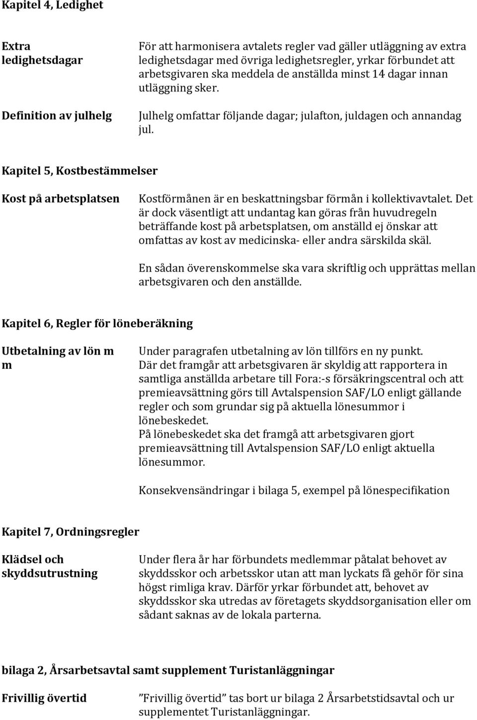 Kapitel 5, Kostbestämmelser Kost på arbetsplatsen Kostförmånen är en beskattningsbar förmån i kollektivavtalet.