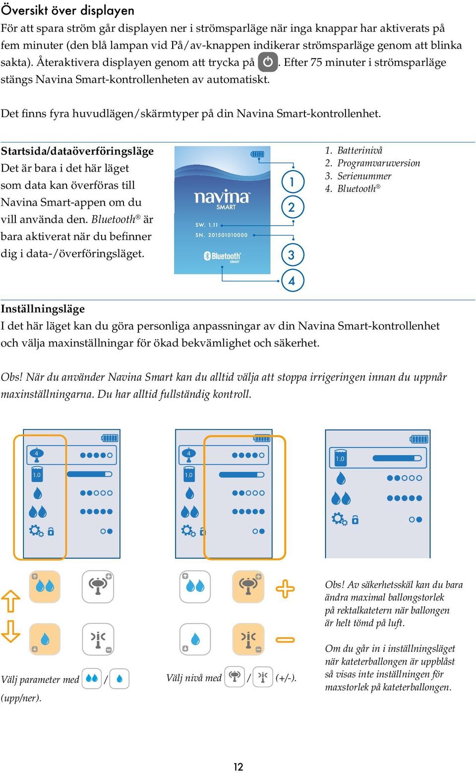 . Efter 75 minuter i strömsparläge Det finns fyra huvudlägen/skärmtyper på din Navina Smart-kontrollenhet.