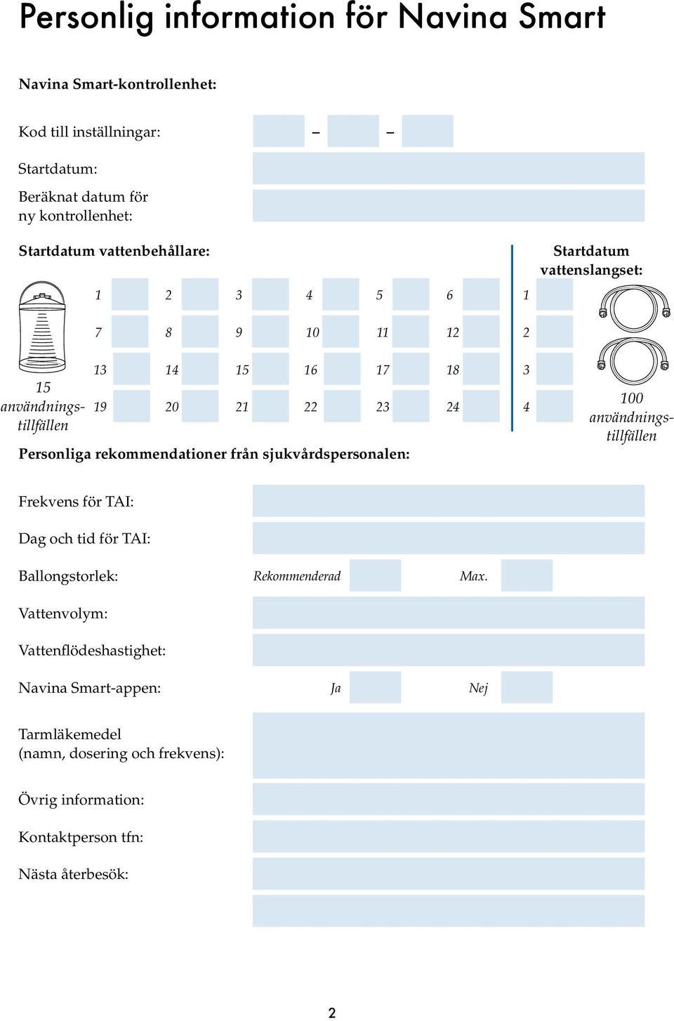 rekommendationer från sjukvårdspersonalen: 100 användningstillfällen Frekvens för TAI: Dag och tid för TAI: Ballongstorlek: Rekommenderad Max.