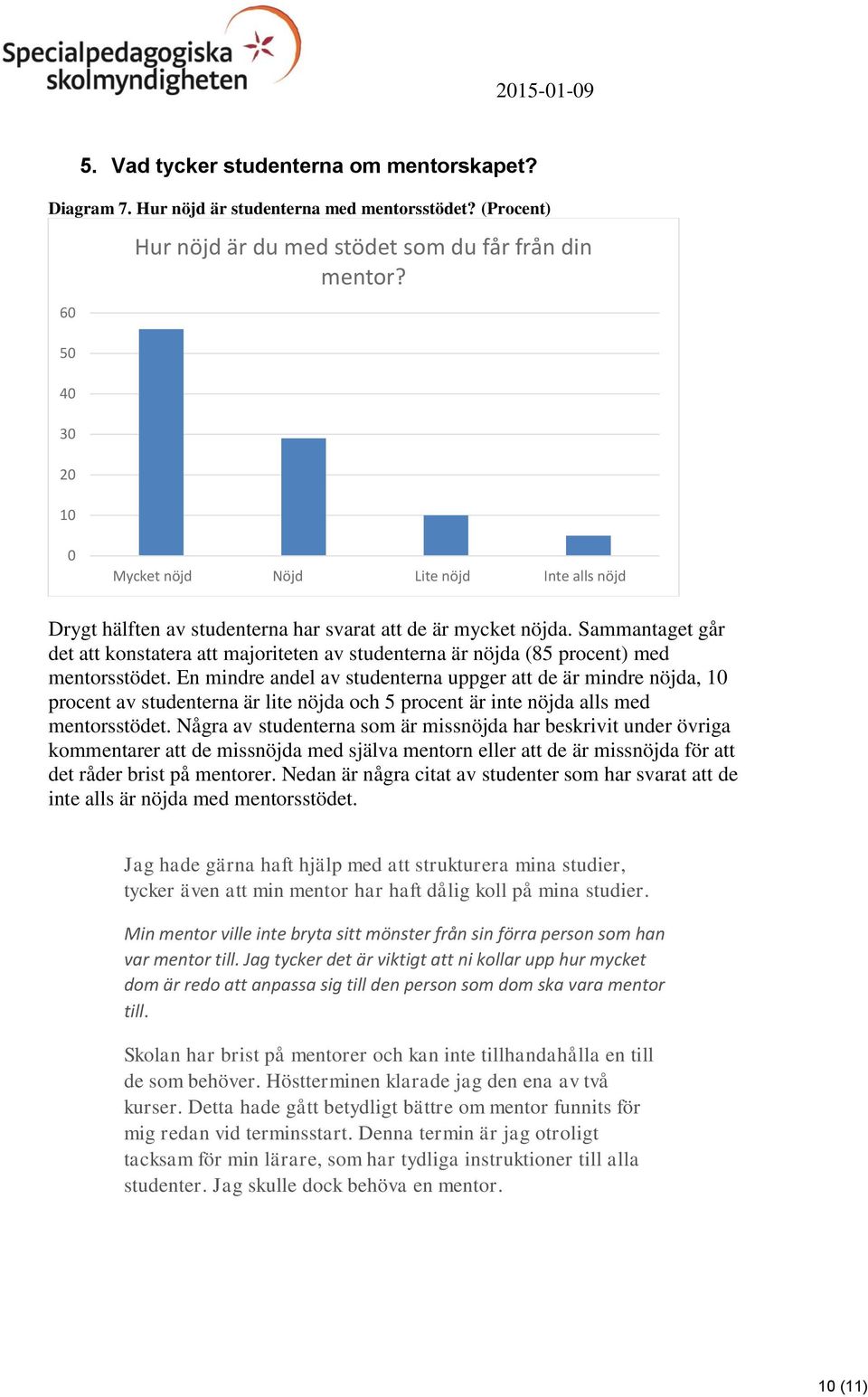 Sammantaget går det att konstatera att majoriteten av studenterna är nöjda (85 procent) med mentorsstödet.