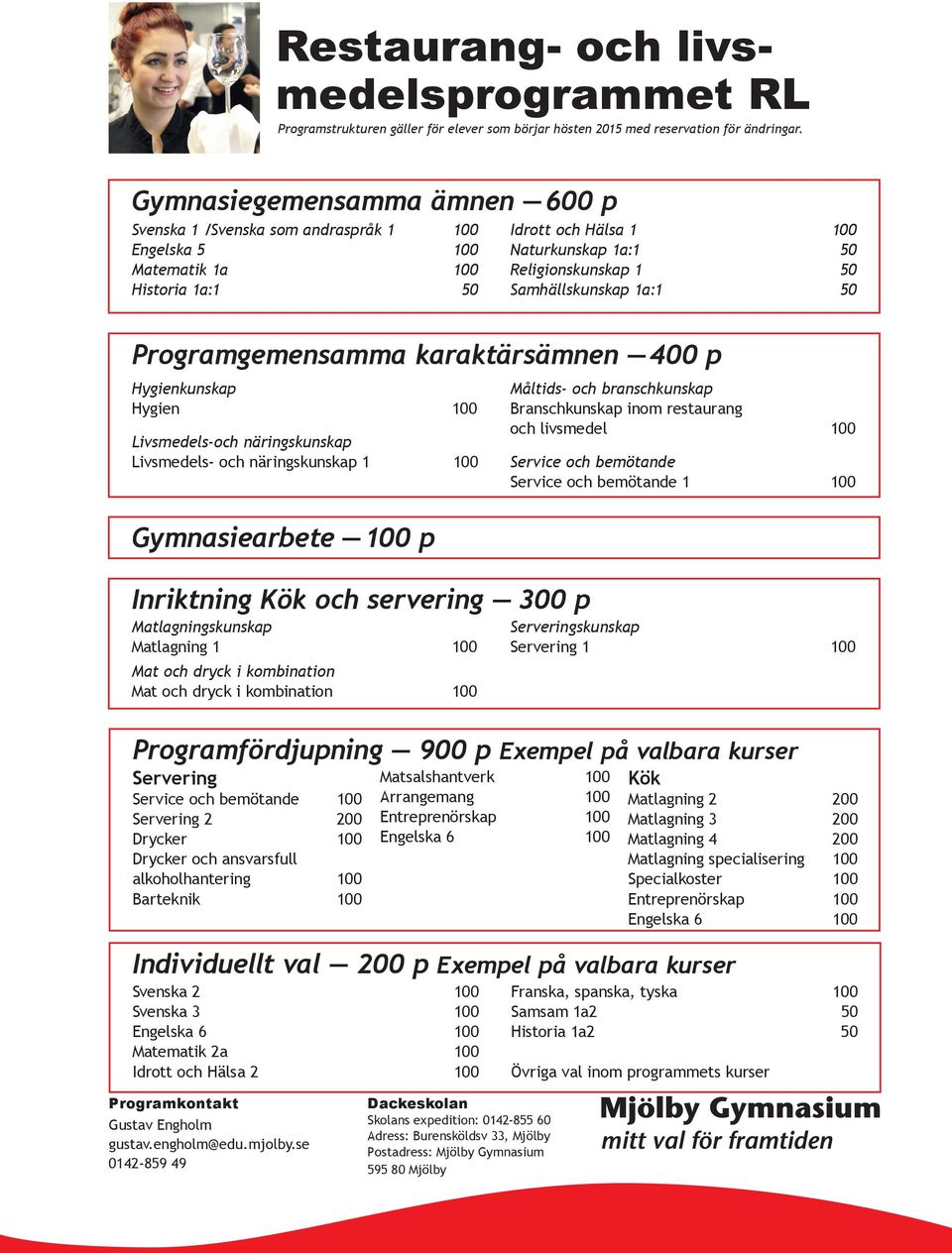 Samhällskunskap 1a:1 50 Programgemensamma karaktärsämnen 400 p Hygienkunskap Hygien 100 Livsmedels-och näringskunskap Livsmedels- och näringskunskap 1 100 Gymnasiearbete 100 p Inriktning Kök och