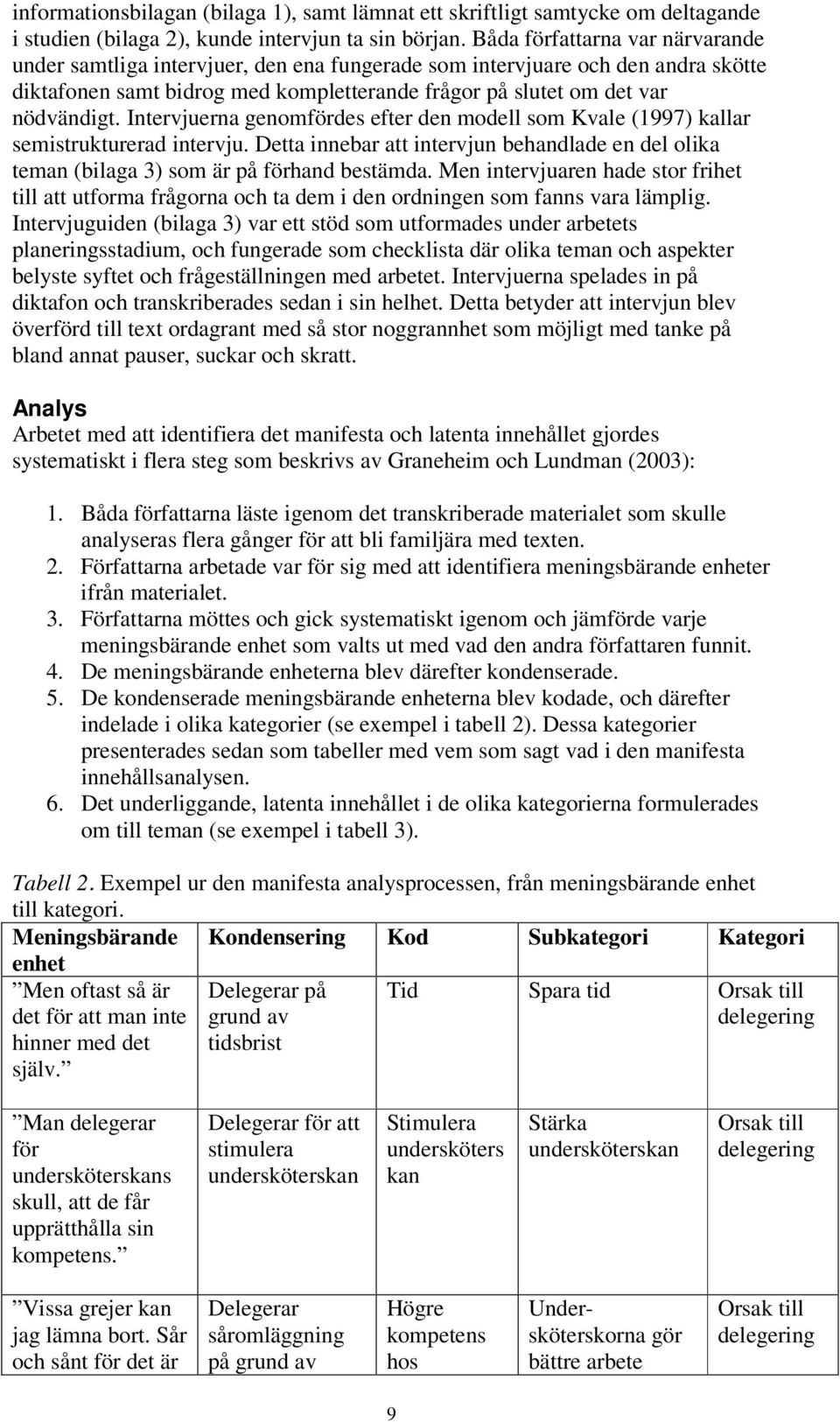 Intervjuerna genomfördes efter den modell som Kvale (1997) kallar semistrukturerad intervju. Detta innebar att intervjun behandlade en del olika teman (bilaga 3) som är på förhand bestämda.