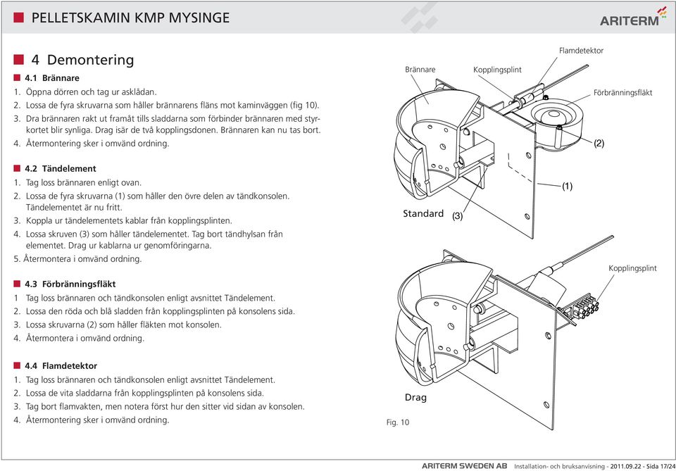 Återmontering sker i omvänd ordning. (2) 4.2 Tändelement 1. Tag loss brännaren enligt ovan. 2. Lossa de fyra skruvarna (1) som håller den övre delen av tändkonsolen. Tändelementet är nu fritt. 3.