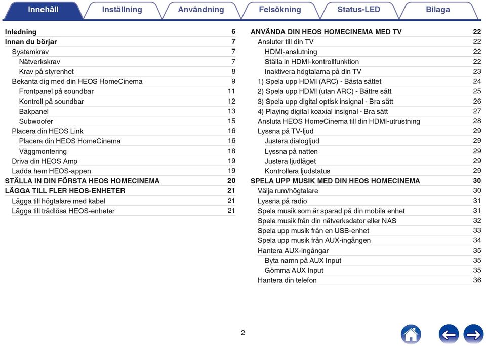HOMECINEMA 20 LÄGGA TILL FLER HEOS-ENHETER 21 Lägga till högtalare med kabel 21 Lägga till trådlösa HEOS-enheter 21 ANVÄNDA DIN HEOS HOMECINEMA MED TV 22 Ansluter till din TV 22 HDMI-anslutning 22