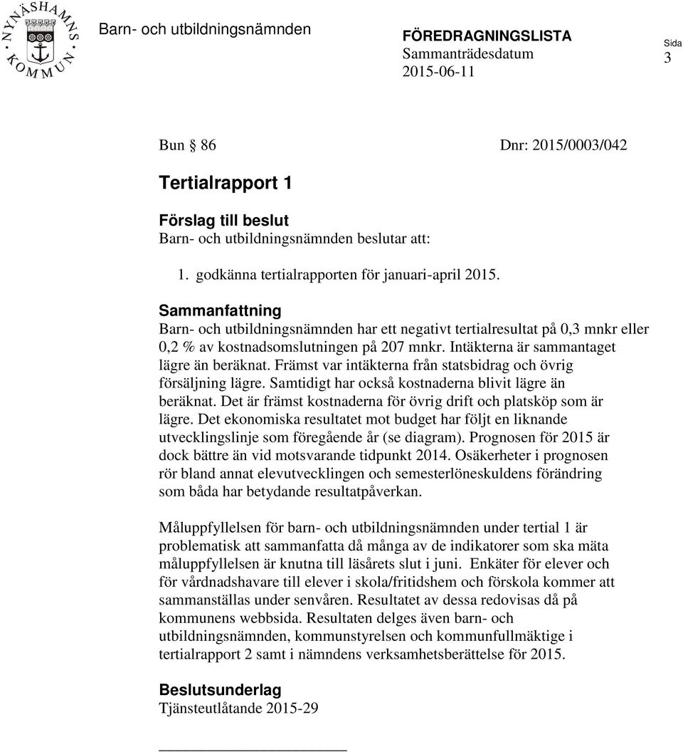 Intäkterna är sammantaget lägre än beräknat. Främst var intäkterna från statsbidrag och övrig försäljning lägre. Samtidigt har också kostnaderna blivit lägre än beräknat.