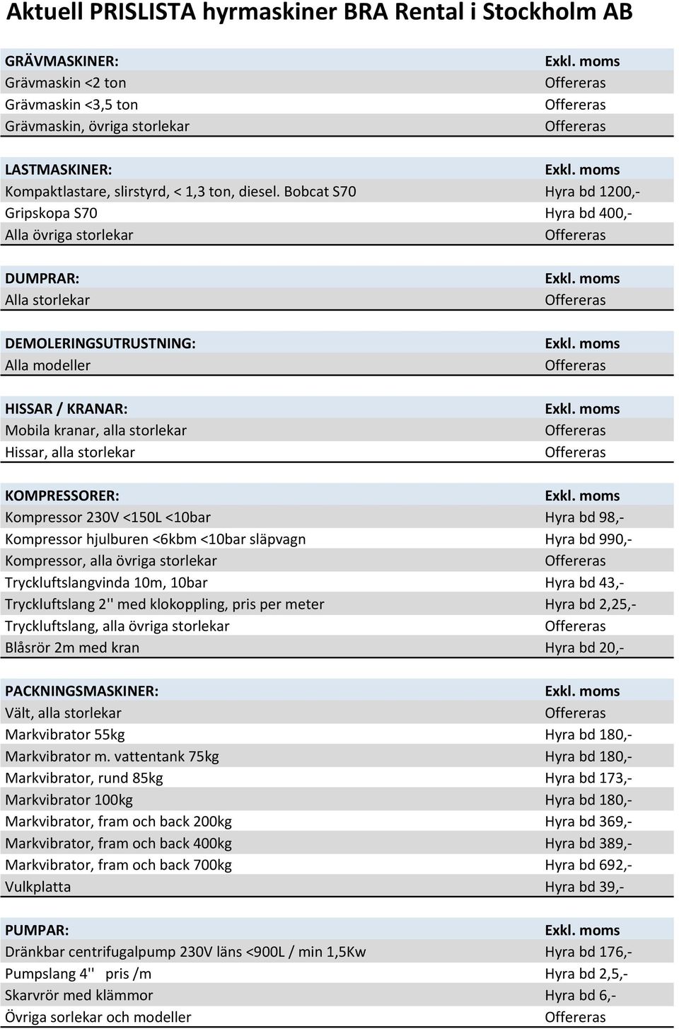 storlekar KOMPRESSORER: Kompressor 230V <150L <10bar Hyra bd 98,- Kompressor hjulburen <6kbm <10bar släpvagn Hyra bd 990,- Kompressor, alla övriga storlekar Tryckluftslangvinda 10m, 10bar Hyra bd