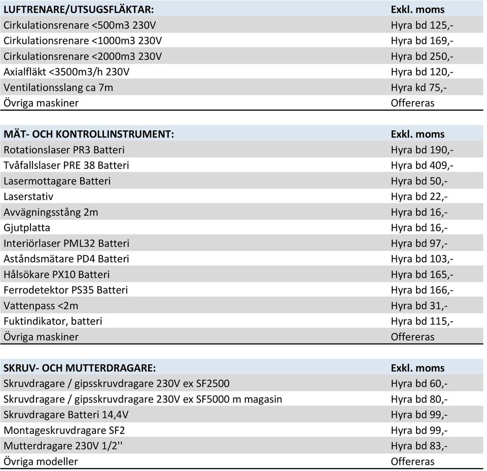 Laserstativ Hyra bd 22,- Avvägningsstång 2m Hyra bd 16,- Gjutplatta Hyra bd 16,- Interiörlaser PML32 Batteri Hyra bd 97,- Aståndsmätare PD4 Batteri Hyra bd 103,- Hålsökare PX10 Batteri Hyra bd 165,-