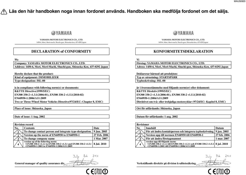 2002 DECLARATION of CONFORMITY We Company: YAMAHA MOTOR ELECTRONICS CO., LTD.