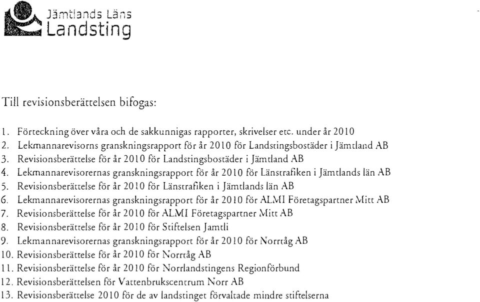 Lekmannarevisorernas granskningsrapport för år 20 l O för Länsrrafiken i Jämtlands län AB 5. Revisionsberättelse för år 20 10 för Länsrrafiken i Jämtlands län AB 6.