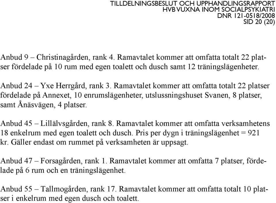 Ramavtalet kommer att omfatta verksamhetens 18 enkelrum med egen toalett och dusch. Pris per dygn i träningslägenhet = 921 kr. Gäller endast om rummet på verksamheten är uppsagt.