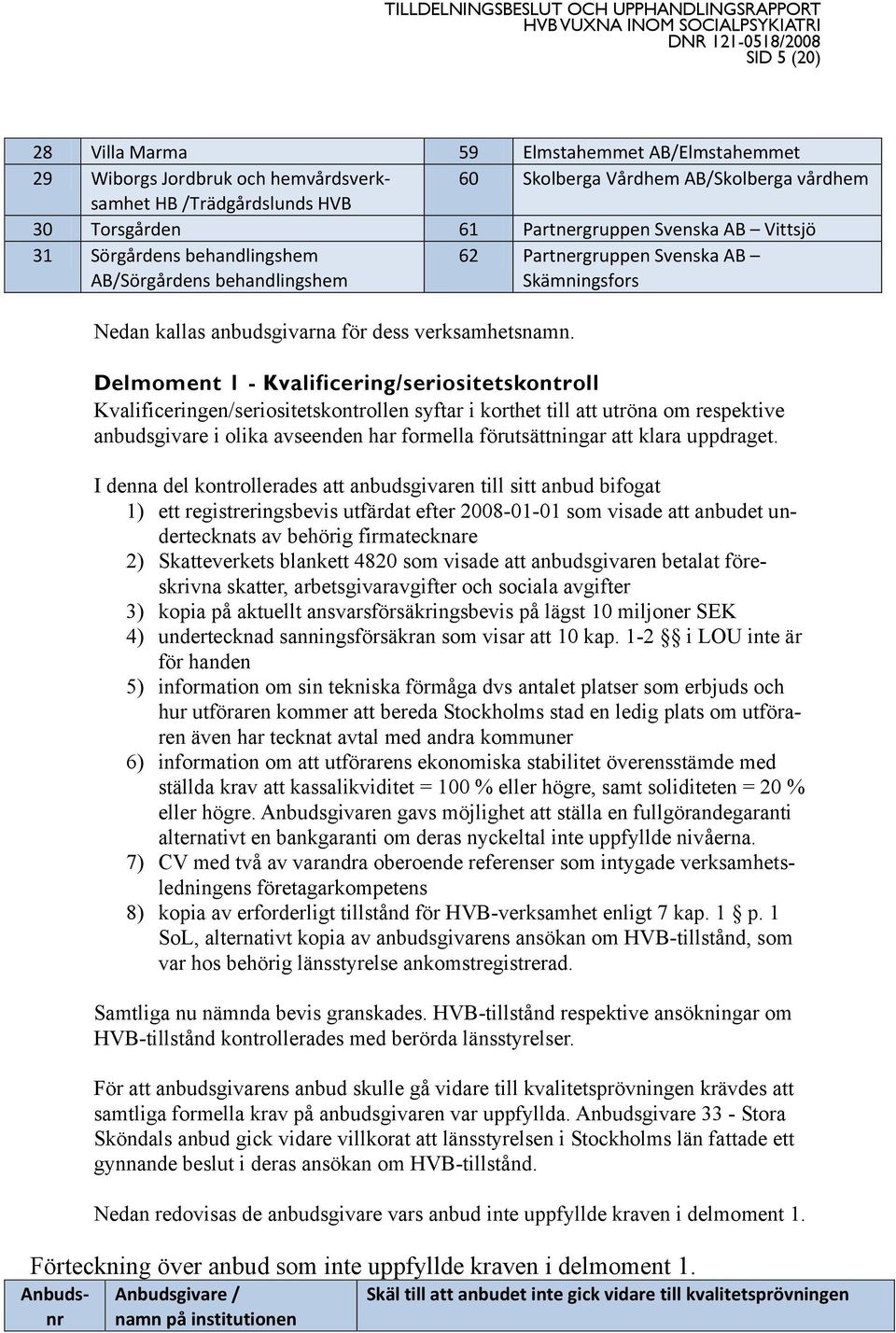 Delmoment 1 - Kvalificering/seriositetskontroll Kvalificeringen/seriositetskontrollen syftar i korthet till att utröna om respektive anbudsgivare i olika avseenden har formella förutsättningar att