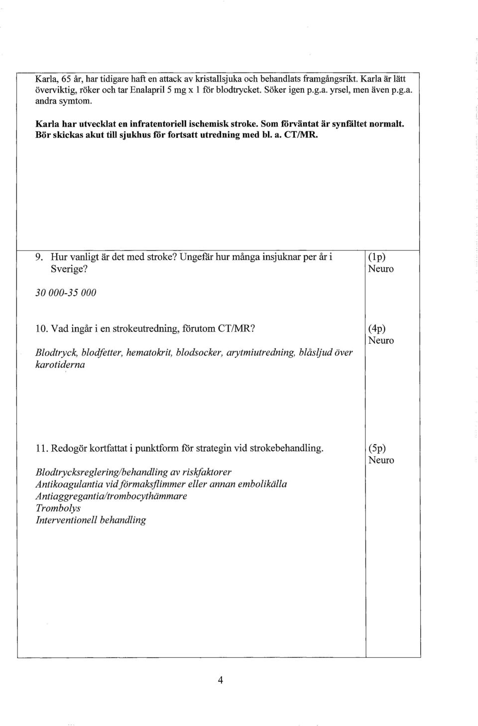 Hur vanligt är det med stroke? Ungefär hur många insjuknar per år i Sverige? (lp) 30 000-35 000 10. Vad ingår i en strokeutredning, förutom CT/MR?