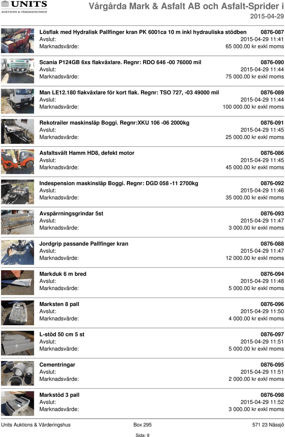 Regnr:XKU 106-06 2000kg 0876-091 Avslut: 11:45 2 Asfaltsvält Hamm HD8, defekt motor 0876-086 Avslut: 11:45 4 Indespension maskinsläp Boggi.