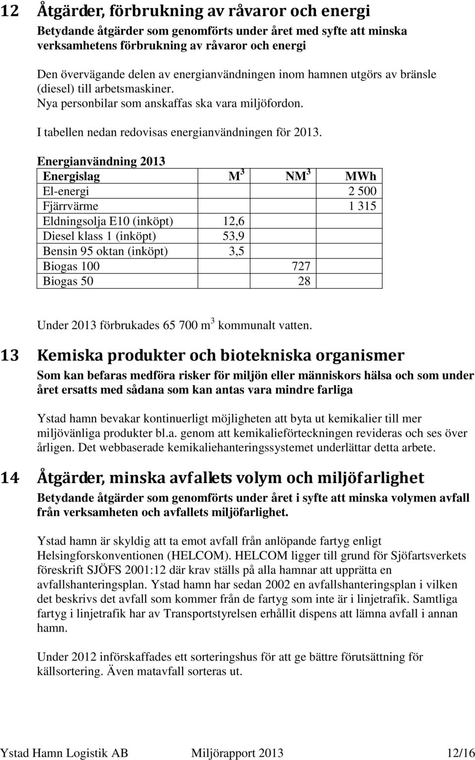 Energianvändning 2013 Energislag M 3 NM 3 MWh El-energi 2 500 Fjärrvärme 1 315 Eldningsolja E10 (inköpt) 12,6 Diesel klass 1 (inköpt) 53,9 Bensin 95 oktan (inköpt) 3,5 Biogas 100 727 Biogas 50 28