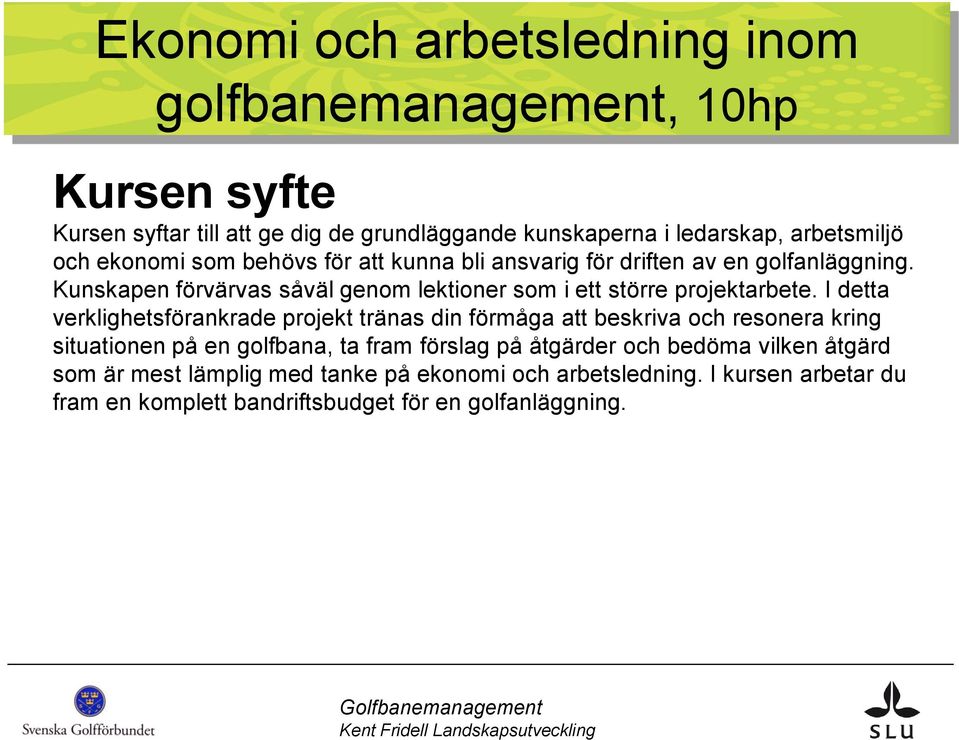 Kunskapen förvärvas såväl genom lektioner som i ett större projektarbete.