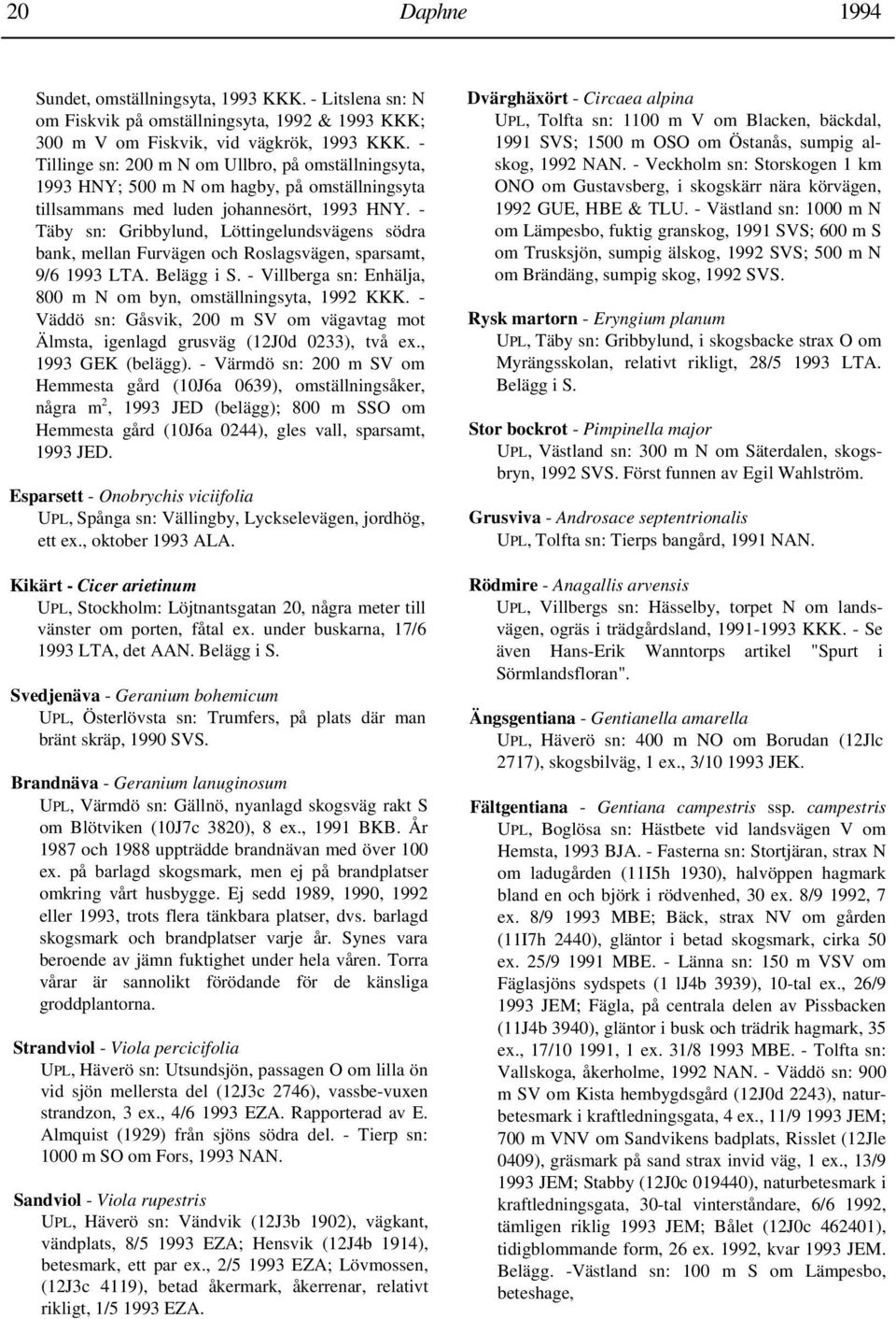 - Täby sn: Gribbylund, Löttingelundsvägens södra bank, mellan Furvägen och Roslagsvägen, sparsamt, 9/6 1993 LTA. Belägg i S. - Villberga sn: Enhälja, 800 m N om byn, omställningsyta, 1992 KKK.