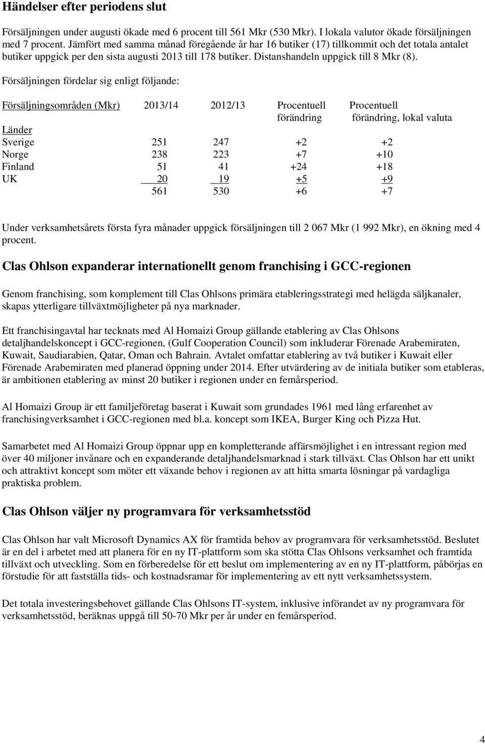 Försäljningen fördelar sig enligt följande: Försäljningsområden (Mkr) 2013/14 2012/13 Procentuell Procentuell förändring förändring, lokal valuta Länder Sverige 251 247 +2 +2 Norge 238 223 +7 +10