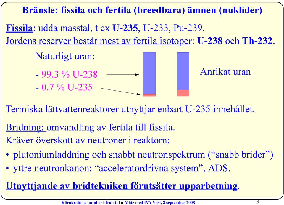 7 % U-235 Anrikat uran Termiska lättvattenreaktorer utnyttjar enbart U-235 innehållet. Bridning: omvandling av fertila till fissila.