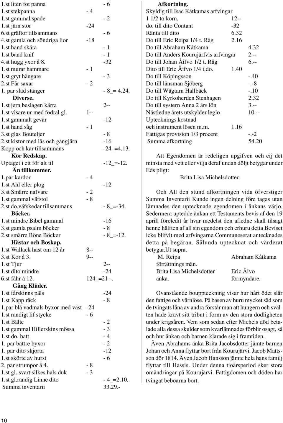 st gammalt gevär -12 1.st hand såg - 1 3.st glas Bouteljer - 8 2.st kistor med lås och gångjärn -16 Kopp och kar tillsammans -24_=4.13. Kör Redskap. Uptaget i ett för alt til -12_=-12. Än tillkommer.