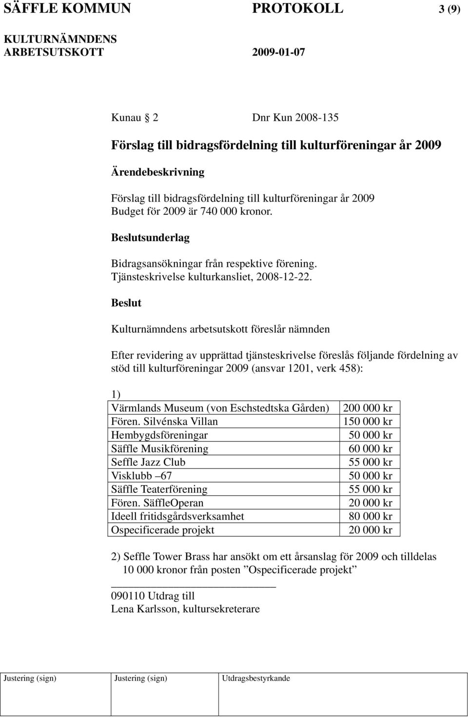 Kulturnämndens arbetsutskott föreslår nämnden Efter revidering av upprättad tjänsteskrivelse föreslås följande fördelning av stöd till kulturföreningar 2009 (ansvar 1201, verk 458): 1) Värmlands