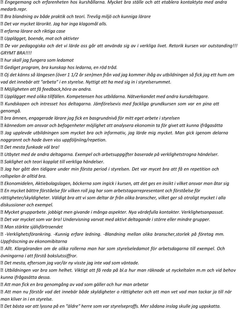 erfarna lärare och riktiga case Upplägget, boende, mat och aktivter De var pedagogiska och det vi lärde oss går att använda sig av i verkliga livet. Retorik kursen var outstanding!!! GRYMT BRA!