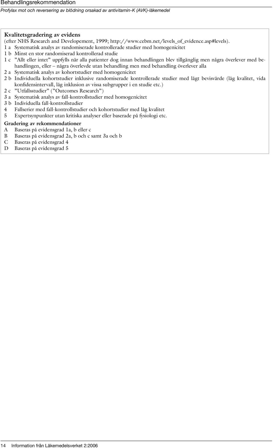 1 a Systematisk analys av randomiserade kontrollerade studier med homogenicitet 1 b Minst en stor randomiserad kontrollerad studie 1 c Allt eller intet uppfylls när alla patienter dog innan